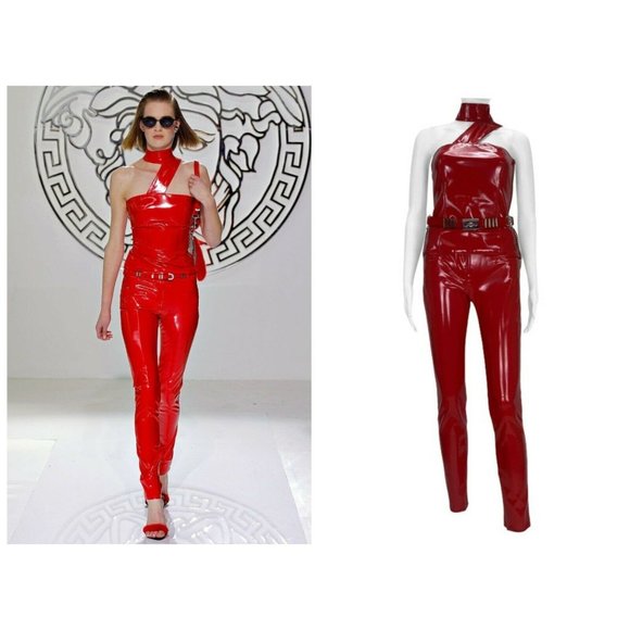 F/W13 Versace Red Japanese Vinyl Slim Pants with Top and Belt IT Size 38